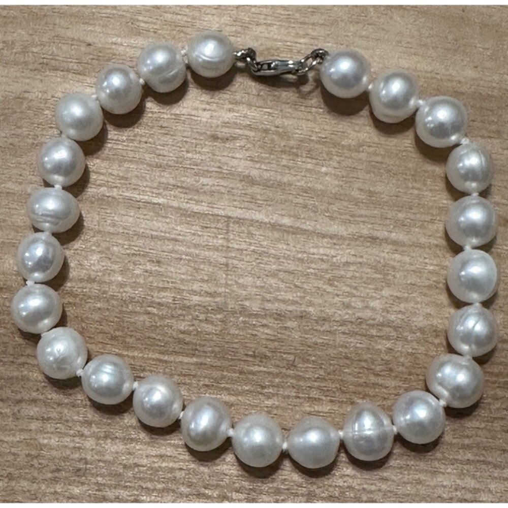 7.5” 925 Sterling Silver Pearl Bracelet Individual Knots Wedding Formal Bead